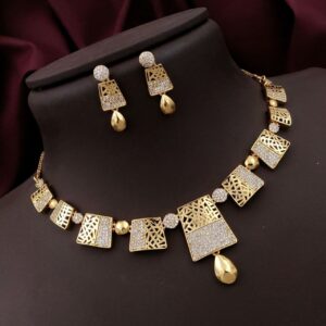 Contemporary CZ Geometric Necklace Set with Drop Danglers – Gold Polish