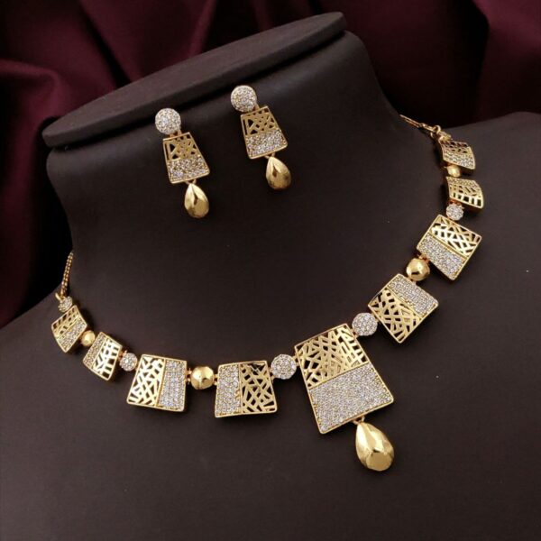 Contemporary CZ Geometric Necklace Set with Drop Danglers – Gold Polish