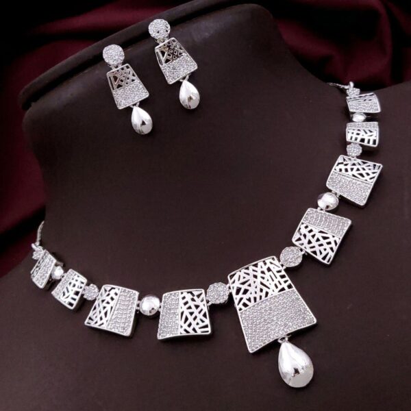 Contemporary CZ Geometric Necklace Set with Drop Danglers – Silver Polish