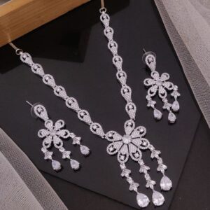 Crystal Drop Floral Necklace Set – Elegant CZ Diamond Finish