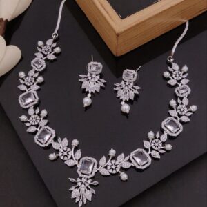 Crystal White Cubic Zirconia Necklace Set with American Diamonds & Pearls