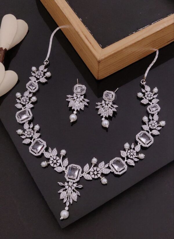 Crystal White Cubic Zirconia Necklace Set with American Diamonds & Pearls