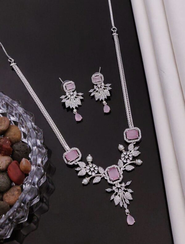 Elegant-AD-Necklace-Set-with-Earrings-–-Silver-Finish-–-Baby-Pink