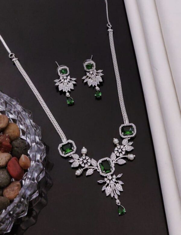 Elegant Ad Necklace Set With Earrings – Silver Finish (4 Color Options) - Image 3