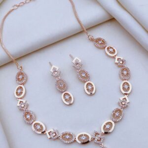 Elegant CZ Oval-Link Necklace Set with Drop Pendant – Rose Gold Polish