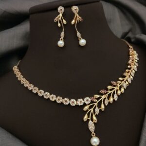 Elegant Gold-Plated Pearl Drop Necklace Set with Floral Leaf Design – Multi-Stone