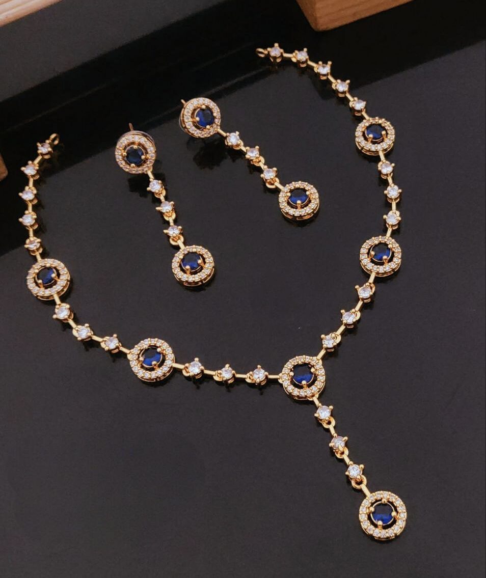 Elegant Gold-Plated Y‑Pendant Necklace with Round Multi‑Stone CZ & Matching Drop Earrings – Blue