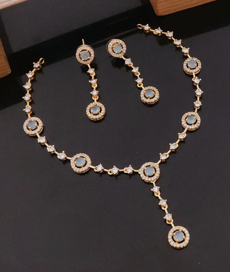 Elegant Gold-Plated Y‑Pendant Necklace with Round Multi‑Stone CZ & Matching Drop Earrings – Mint Green