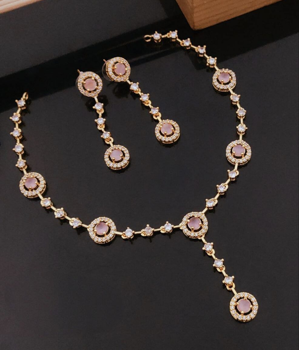 Elegant Gold-Plated Y‑Pendant Necklace with Round Multi‑Stone CZ & Matching Drop Earrings – Pink