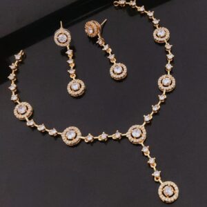 Elegant Gold-Plated Y‑Pendant Necklace with Round Multi‑Stone CZ & Matching Drop Earrings – White