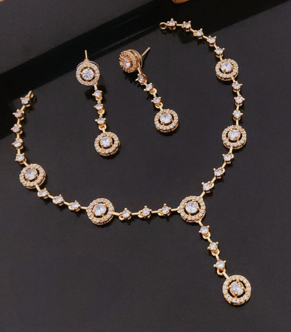 Elegant Gold-Plated Y‑Pendant Necklace with Round Multi‑Stone CZ & Matching Drop Earrings – White