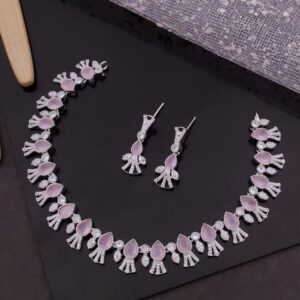 Elegant Pink American Diamond Necklace Set With Earrings