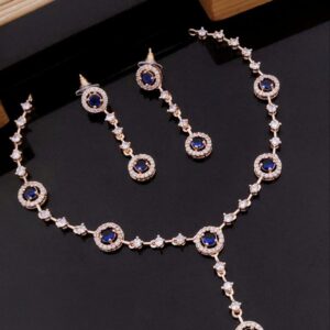 Elegant Rose Gold-Plated American Diamond Necklace Set - Blue