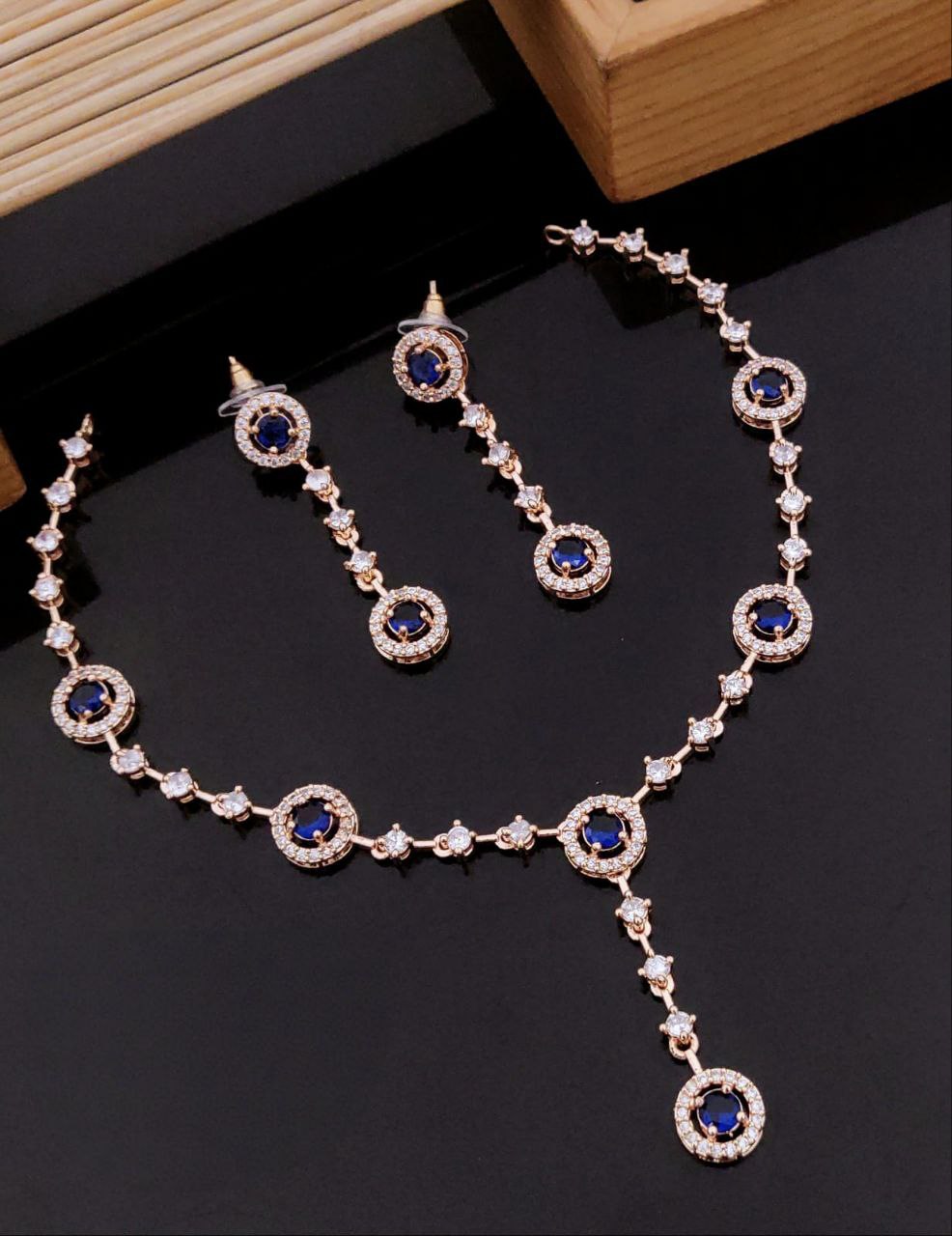 Elegant Rose Gold-Plated American Diamond Necklace Set - Blue