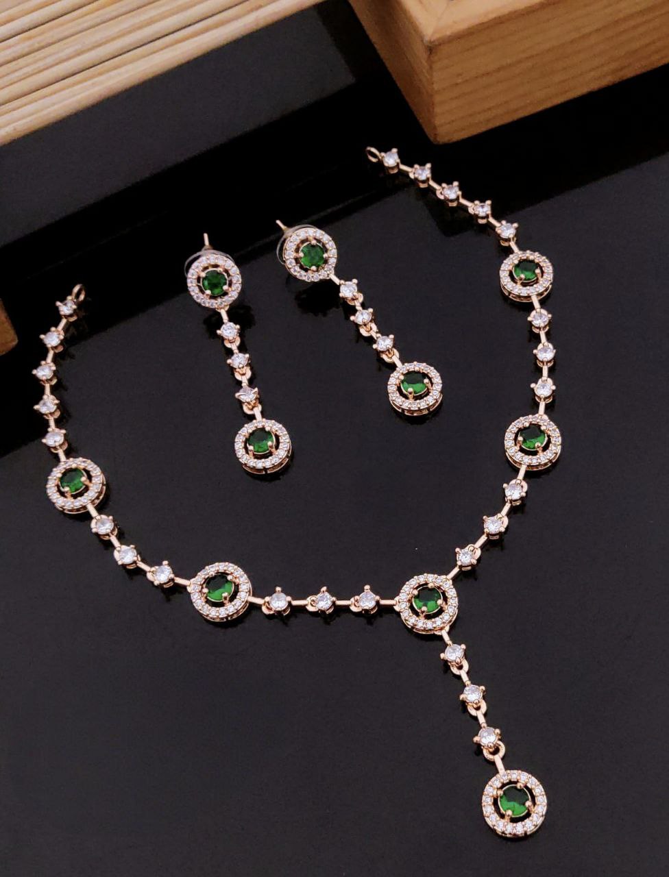 Elegant Rose Gold-Plated American Diamond Necklace Set - Green