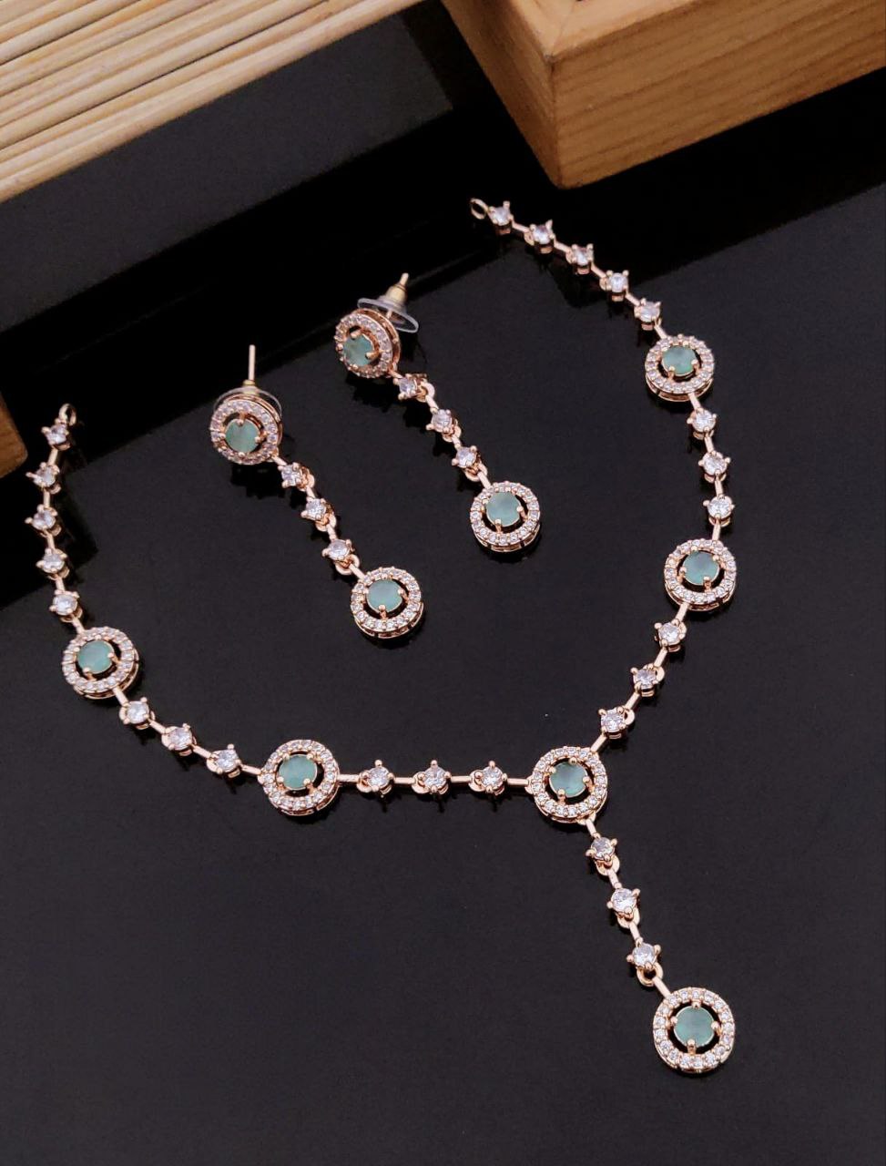 Elegant Rose Gold-Plated American Diamond Necklace Set - Mint Green