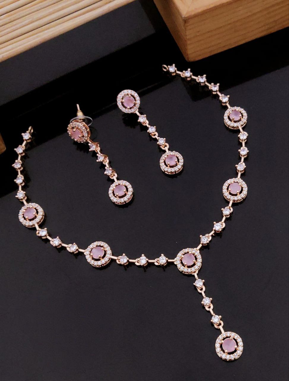 Elegant Rose Gold-Plated American Diamond Necklace Set - Pink