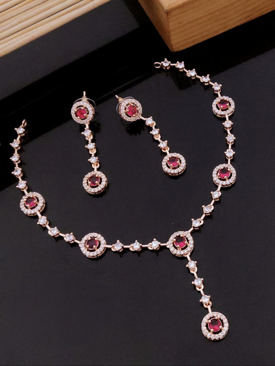Elegant Rose Gold-Plated American Diamond Necklace Set - Red