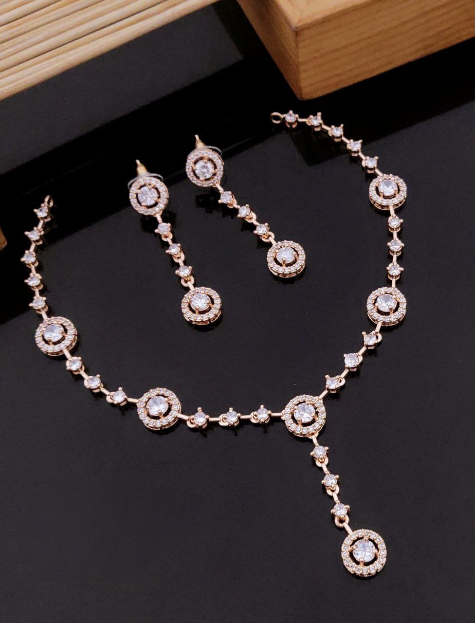 Elegant Rose Gold-Plated American Diamond Necklace Set - White