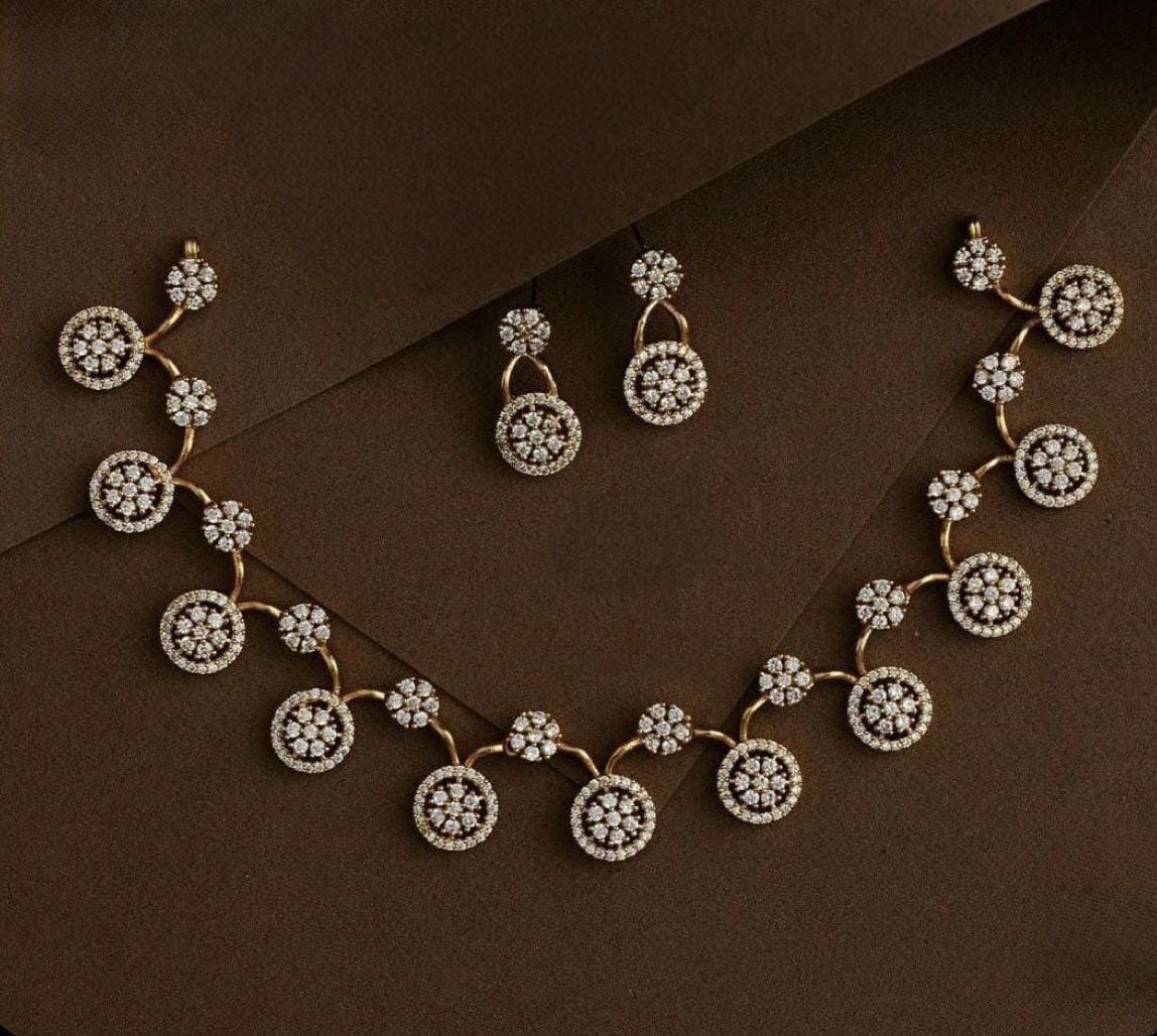Floral American Diamond Necklace Set with Earrings – Gold Finish