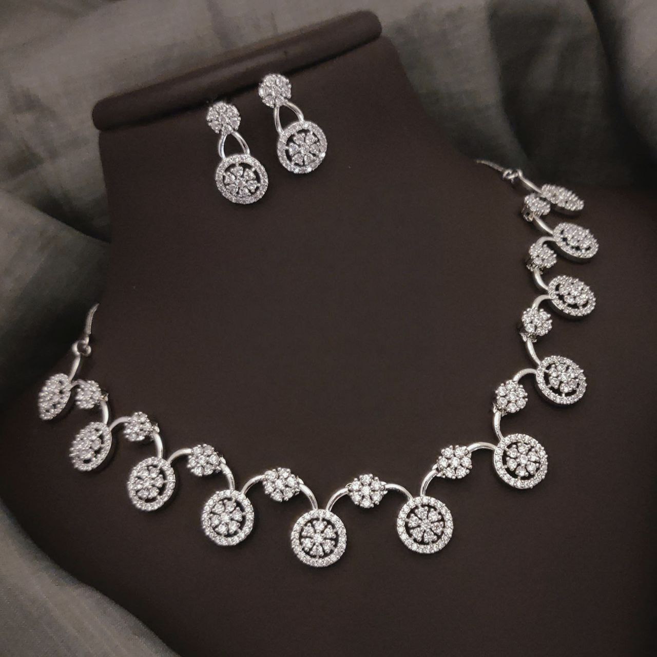 Floral American Diamond Necklace Set with Earrings – Silver Finish