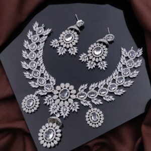 Floral Designer CZ American Diamond Necklace Set – White Stone
