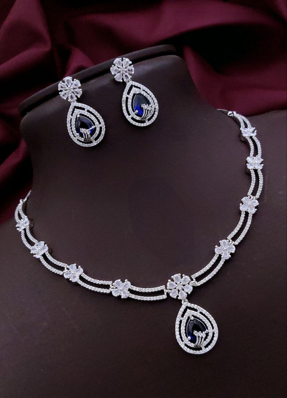 Floral Drop AD Necklace Set with Earrings – Blue