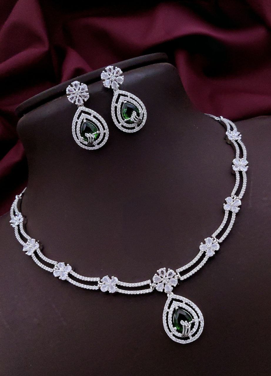 Floral Drop AD Necklace Set with Earrings – Green