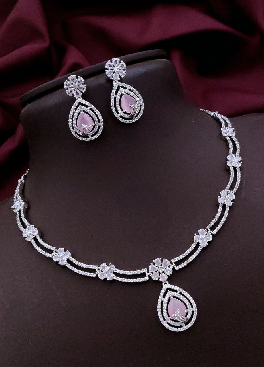 Floral Drop AD Necklace Set with Earrings – Pink