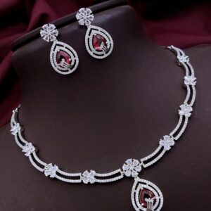 Floral Drop AD Necklace Set with Earrings – Red