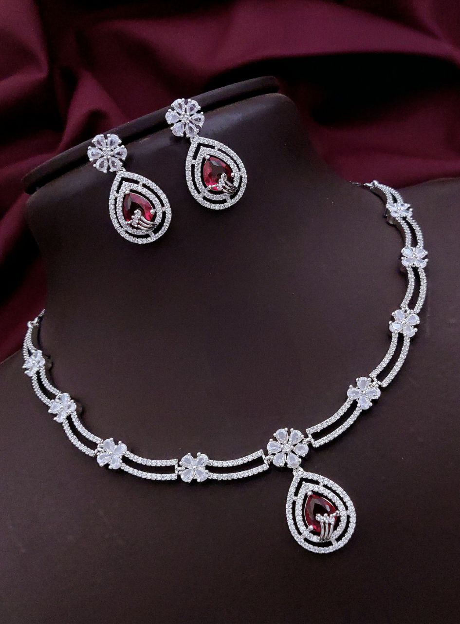 Floral Drop AD Necklace Set with Earrings – Red