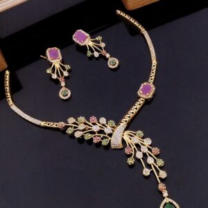 Floral Vine CZ Necklace Set with Ruby & Emerald Accents – Gold Polish
