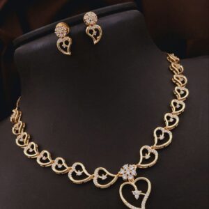 Heart Motif CZ Necklace Set with Earrings – Gold Polish