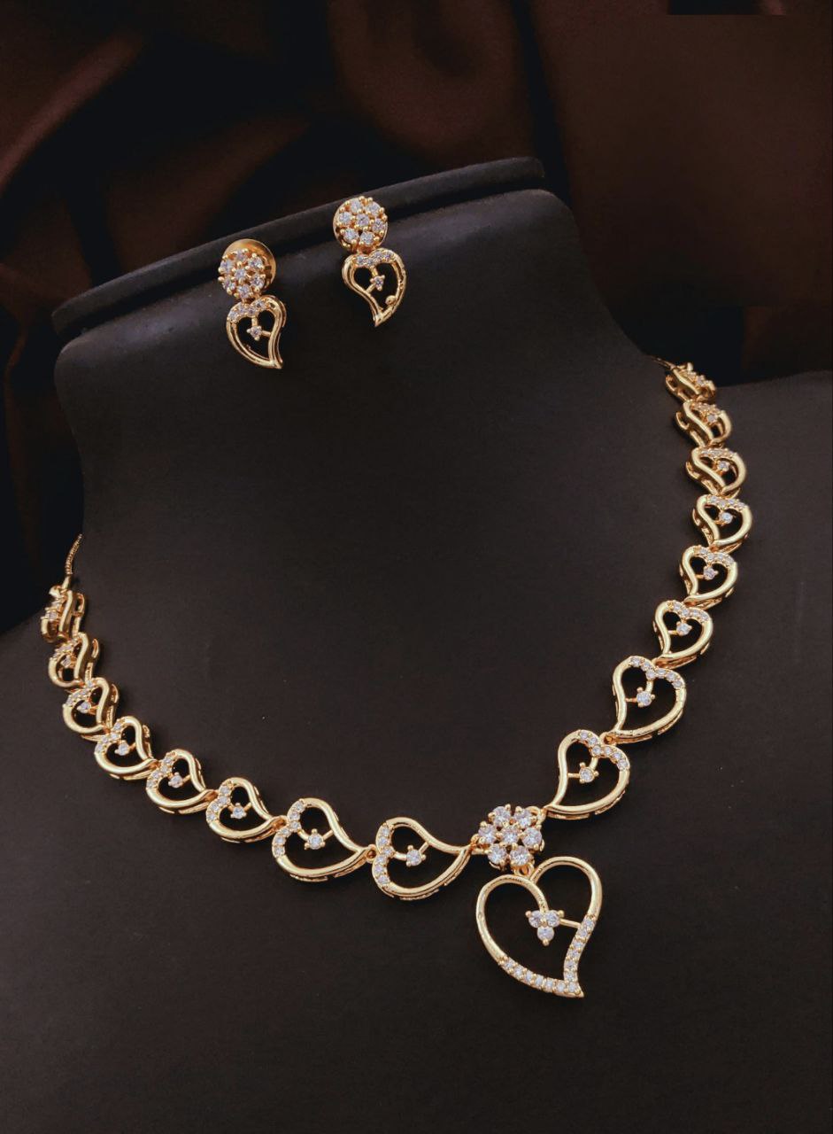 Heart Motif CZ Necklace Set with Earrings – Gold Polish