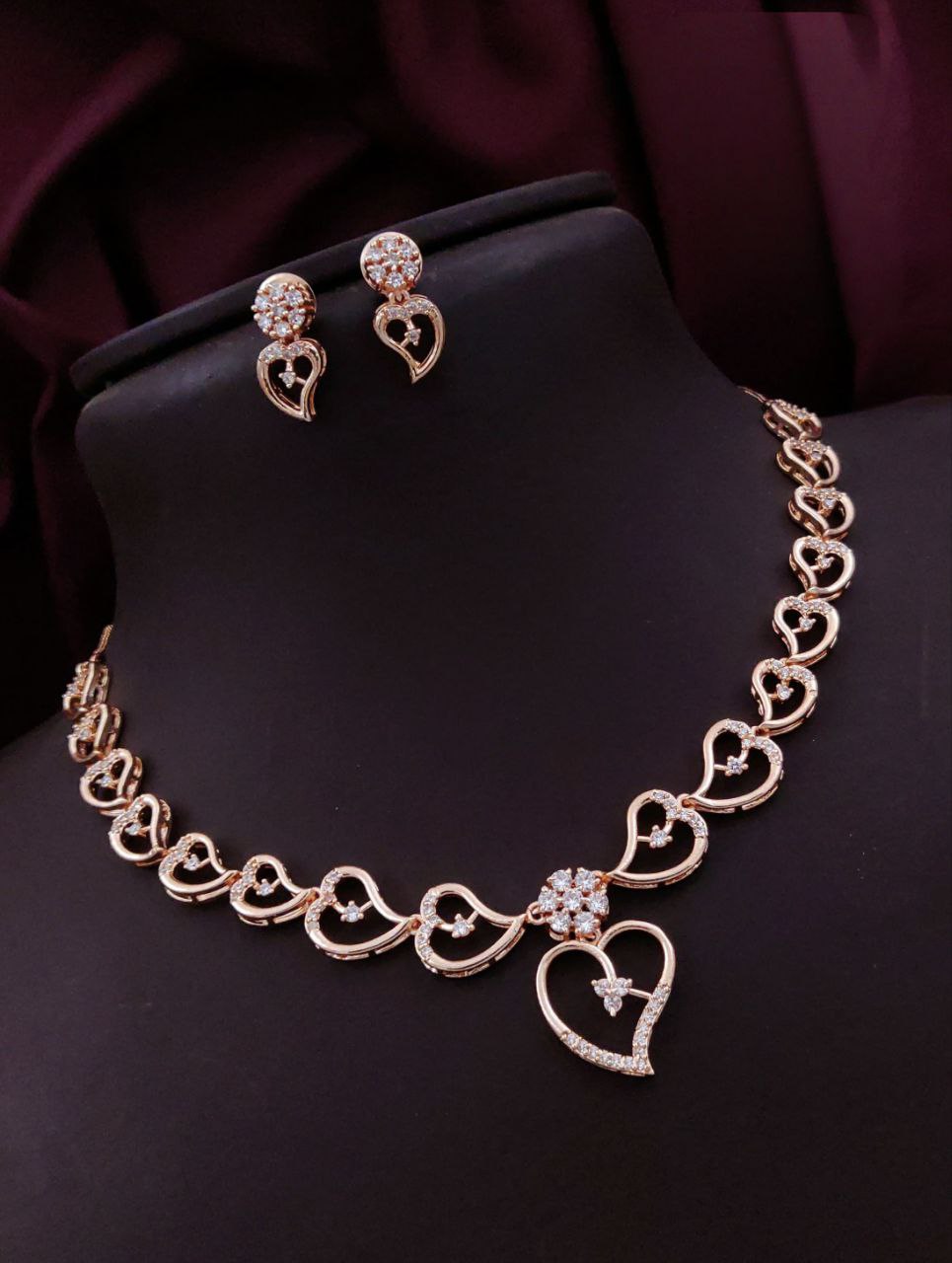Heart Motif CZ Necklace Set with Earrings – Rose Gold Polish