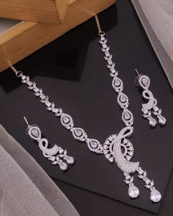 Luxury AD Bridal Necklace Set with Earrings – Silver Finish