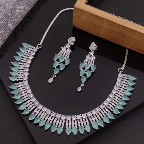 Premium American Diamond Teardrop Necklace Set – Mint Green