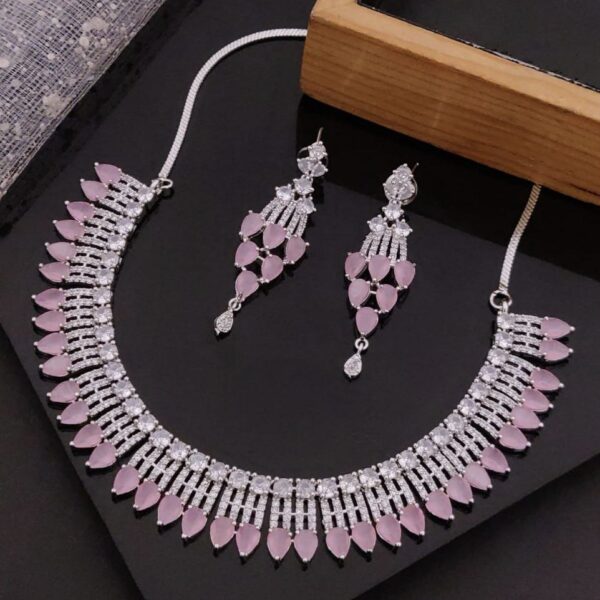 Premium American Diamond Teardrop Necklace Set – Rose Pink