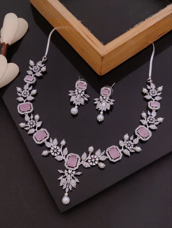 Rose Pink Cubic Zirconia Necklace Set with American Diamonds & Pearls