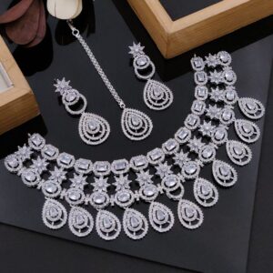 Silver Finish Bridal Necklace Set With American Diamonds & Cubic Zirconia