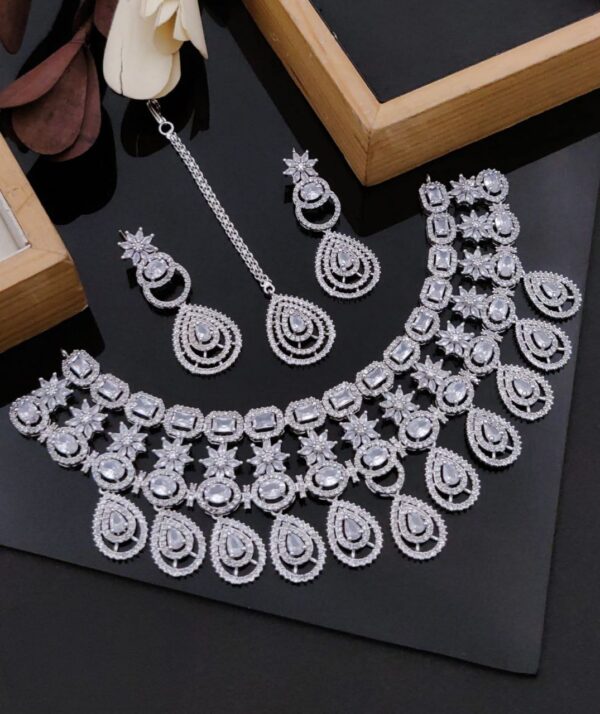 Silver Finish Bridal Necklace Set With American Diamonds & Cubic Zirconia