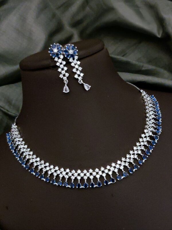 American Diamond Necklace Set with Floral Earrings – Blue