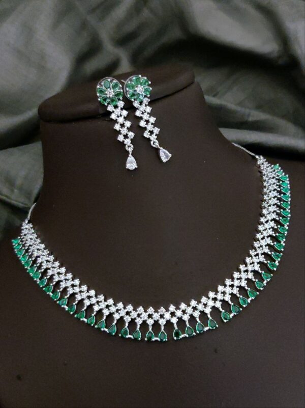 American Diamond Necklace Set with Floral Earrings – Green