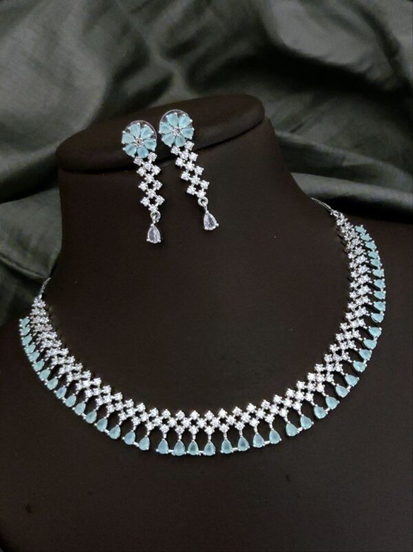 American Diamond Necklace Set with Floral Earrings – Mint Green