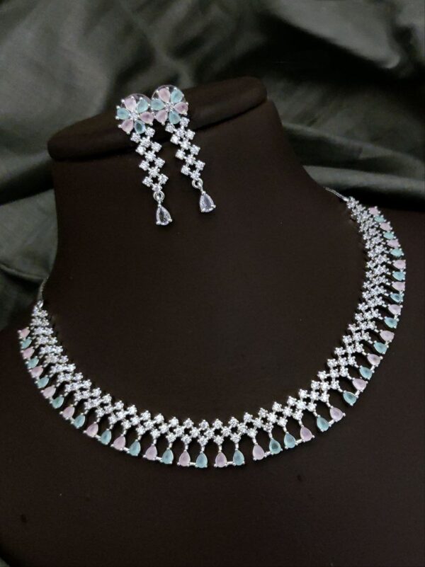 American Diamond Necklace Set with Floral Earrings – Mint Pink