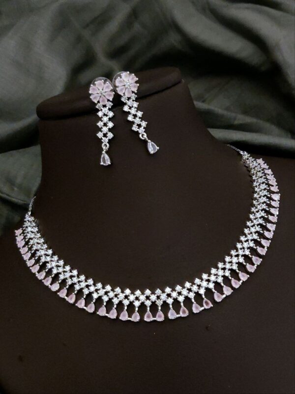 American Diamond Necklace Set with Floral Earrings – Pink
