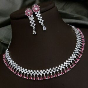 American Diamond Necklace Set with Floral Earrings – Ruby Red