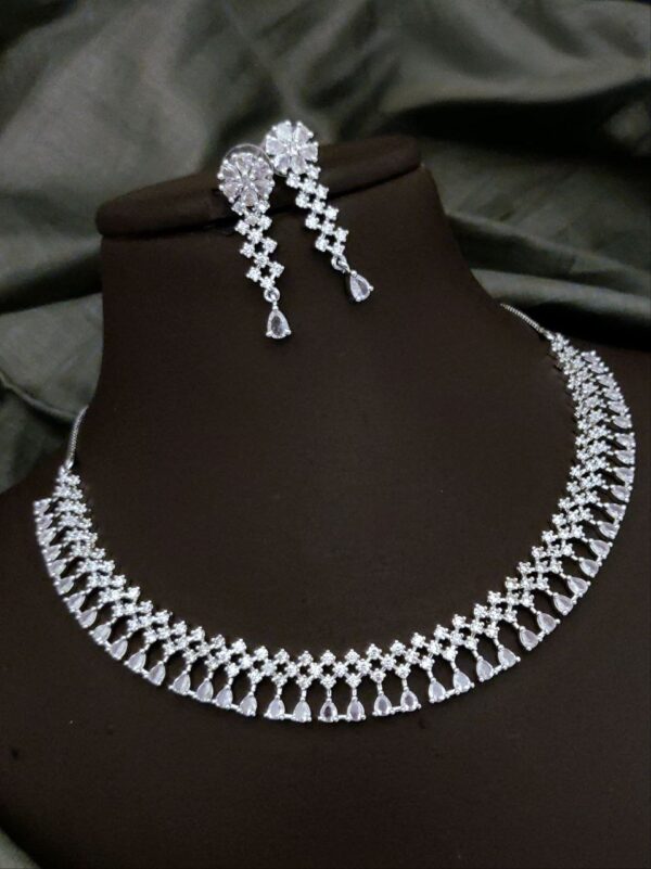 American Diamond Necklace Set with Floral Earrings – White