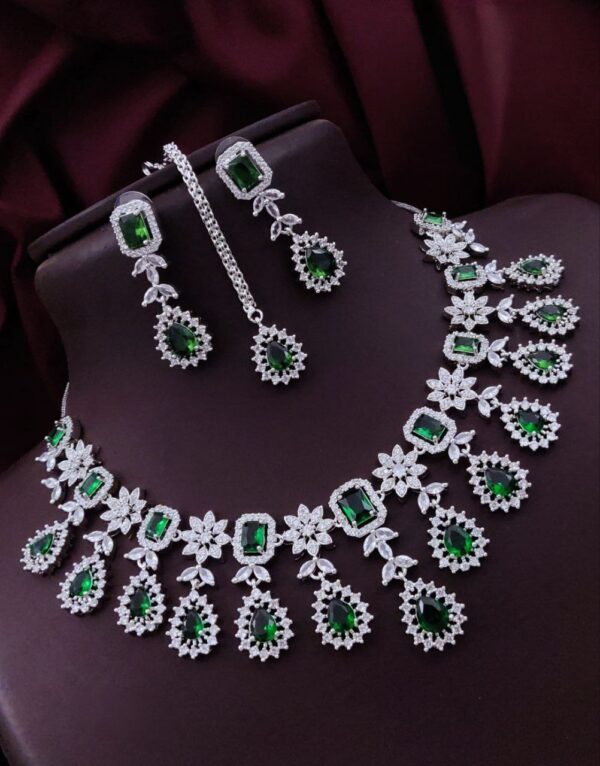 Bridal AD Choker Necklace Set with Tikka & Earrings - Green