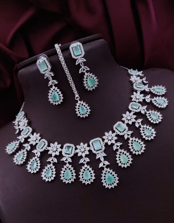 Bridal AD Choker Necklace Set with Tikka & Earrings - Mint Green